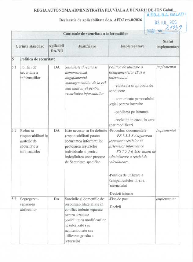Declarația de aplicailitate SoA rev0/2026 Declarația de aplicailitate SoA rev0/2026